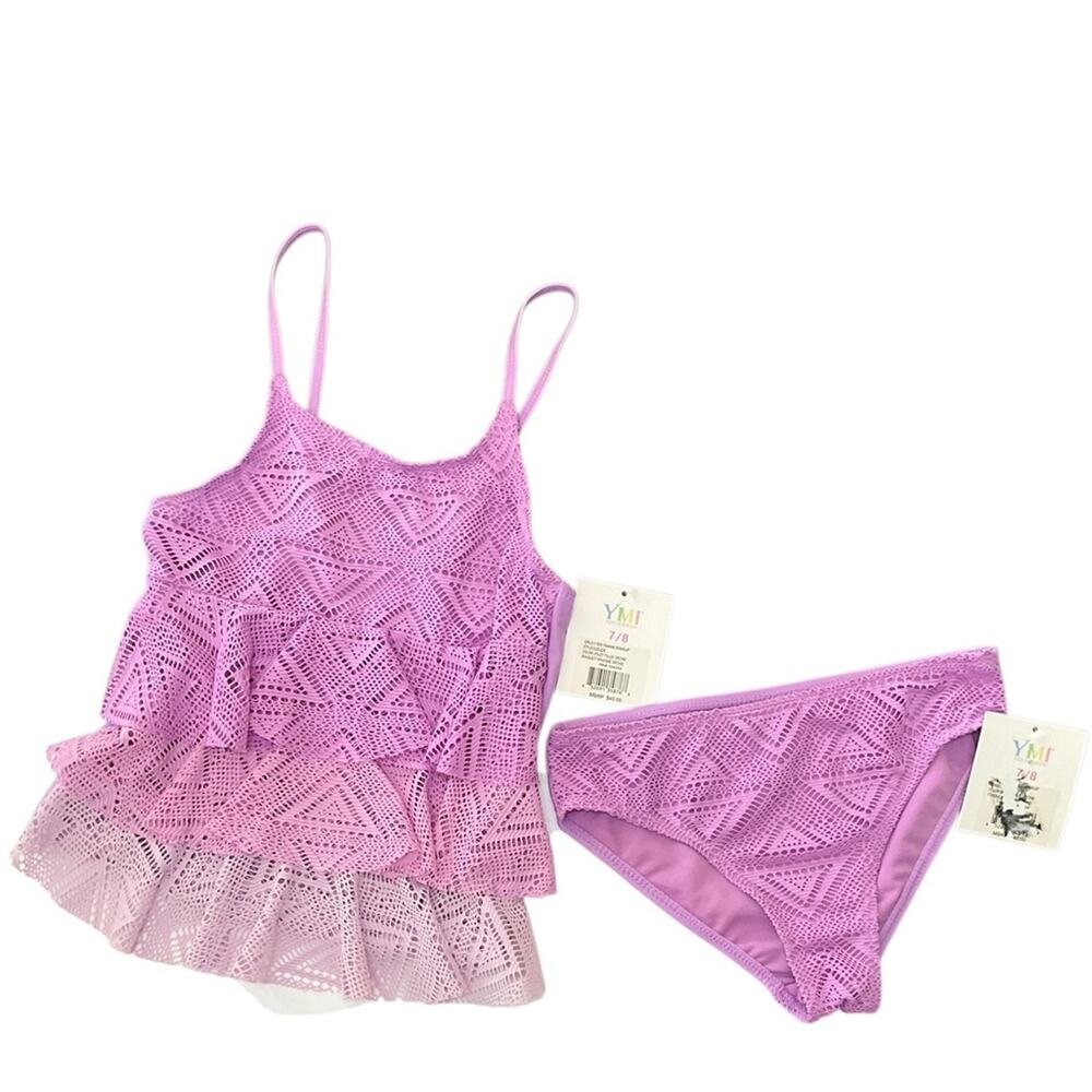 YMI Girl’s 3 Tiered Swimsuit Purple Crochet Tankini Bikini Size 7/8 NWT - Picture 2 of 7